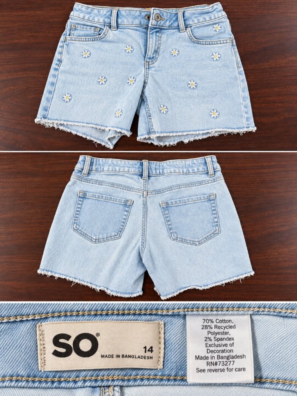 SO Girls Size 14 Floral Daisy Embroidered Denim Shorts Light Wash Frayed